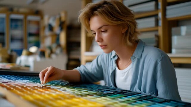 A woman selecting paint colors from a wide palette of samples in a renovation shop, symbolizing creativity, design, and the intersection of technical tools with aesthetic choices. cinematic color