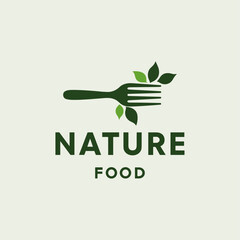 Organic Food Logo Featuring Fork and Green Leaves