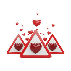 Cascading glossy red hearts emerging from warning signs symbolizing love and danger transparent background