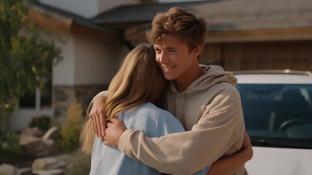 A family saying goodbye before one member drives away from the house parking area, symbolizing everyday routines, relationships, and the human side of suburban life. cinematic color correction,