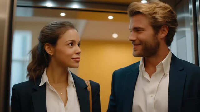 A friendly exchange between two coworkers inside an elevator, representing office culture, communication, and the small moments that build teamwork and trust. cinematic color correction, gentle