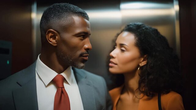 A professional man and woman maintaining respectful distance in a crowded elevator, symbolizing etiquette, respect, and personal space in shared public environments. cinematic color correction,