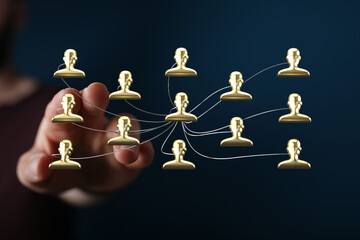 Abstract network of people connection, business and communication. Connecting digital network icons on a dark blue background.