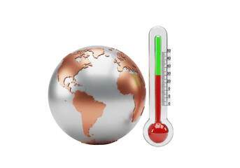 Global warming concept with Earth globe and thermometer isolated on transparent background PNG climate change illustration Rising temperature
