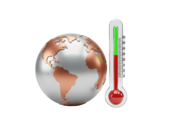 Global warming concept with Earth globe and thermometer isolated on transparent background PNG climate change illustration Rising temperature