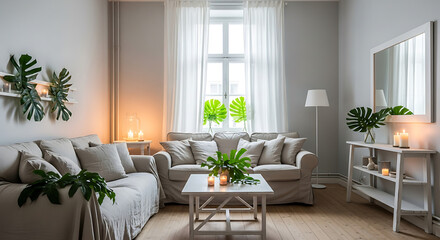 Fototapeta premium Inviting living space with linen sofas, hardwood floors, soft light, and monstera leaves for a serene atmosphere.