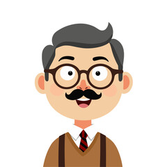 Smiling Gentleman with Mustache and Glasses in Flat Cartoon Style