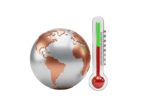 Global warming concept with Earth globe and thermometer isolated on transparent background PNG climate change illustration Rising temperature