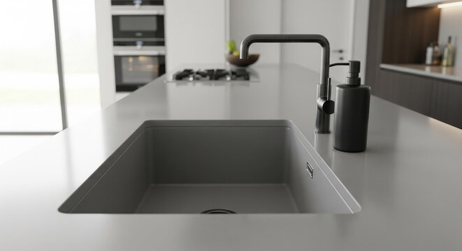 An ultra-realistic, wide-angle shot focusing on a sleek, grey quartz countertop extending into a spotless undermount kitchen sink.