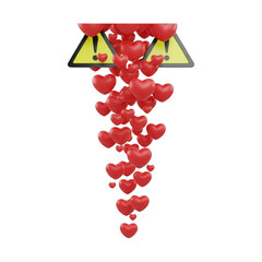 Cascading stream of glossy three-dimensional red hearts flowing downward from a luminous structure transparent background