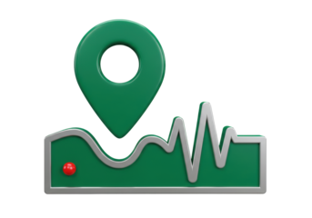 Green location pin PNG illustration isolated on transparent background with elevation chart and red dot marker