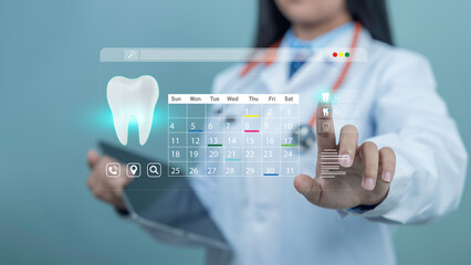 Modern dentist scheduling appointment on virtual interface. Dental care, calendar booking, medical technology and oral health service.