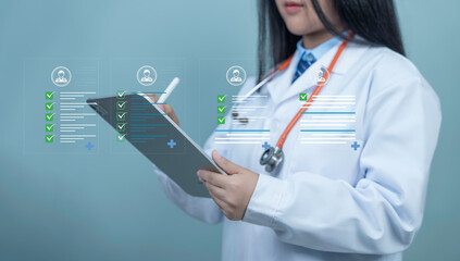 Doctor using digital tablet prescription  medical checklist pharmacy healthcare technology 