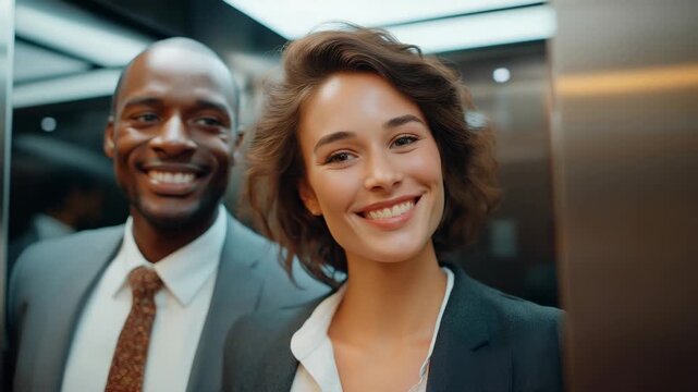 A professional man and woman maintaining respectful distance in a crowded elevator, symbolizing etiquette, respect, and personal space in shared public environments. cinematic color correction,