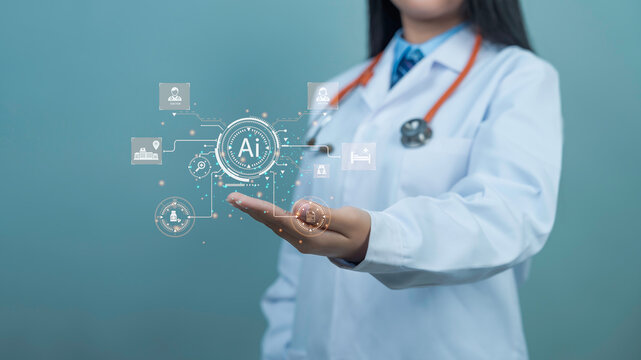 Doctor holding AI hologram, medical technology concept showing artificial intelligence integration in healthcare for diagnostics and innovation in digital medicine.
