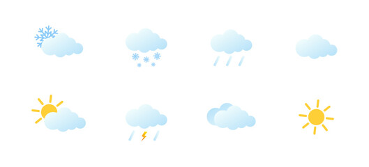 Collection of weather icons in cartoon style. Sun, cloud, snow, and rain symbols. Flat vector illustration isolated on white background.