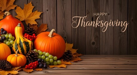 Happy thanksgiving text overlay on a rustic wooden background with pumpkins, gourds, grapes, berries, and autumn leaves, celebrating the fall harvest season and holiday