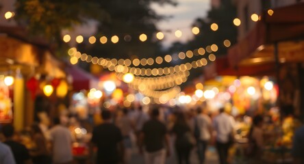Night Festival on Street with Colorful Lights and Crowded People.