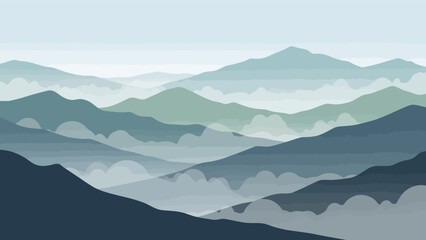 Obraz premium Vector illustration of a mountain landscape with fog and layers.