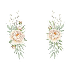 Delicate ethereal watercolor floral arrangement pair soft peonies and greenery for elegant design projects transparent background