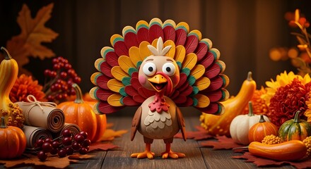 A cute cartoon turkey with a fannedout tail stands proudly amidst a bountiful harvest of pumpkins, gourds, grapes, and autumn leaves, celebrating the spirit of thanksgiving