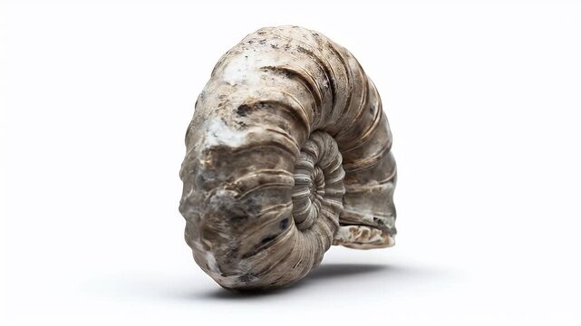 Detailed Close-Up of Ancient Ammonite Fossil on White.