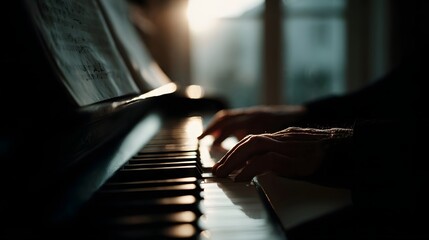 Close up of hands playing a piano with sheet music illuminated by warm sunlight