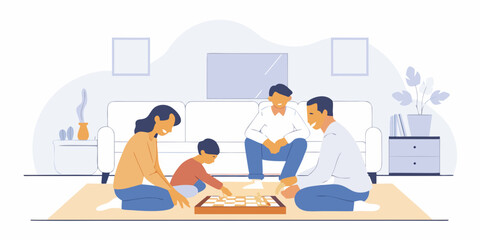 Family spending quality time playing board games in the living room.