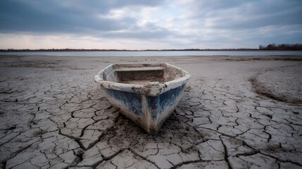 An old abandoned boat rests on a parched cracked mudflat under a cloudy sky symbolizing environmental drought