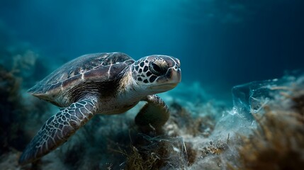 A sea turtle swims through the clear blue ocean encountering plastic debris