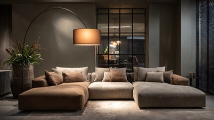 Modern luxury living room with beautifull sofa and couch with flower pot and glass window and table with lamp and curtains 