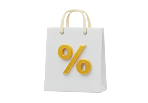 Shopping bag with percentage sign PNG on transparent background isolated sale discount concept 3D rendering