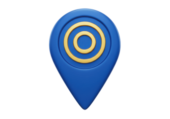 Blue map pointer with golden circles PNG illustration isolated on transparent background for web design and mobile apps