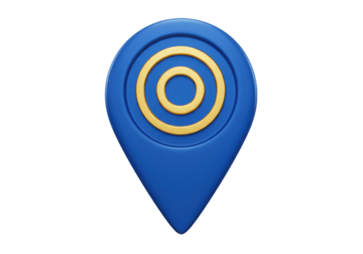 Blue map pointer with golden circles PNG illustration isolated on transparent background for web design and mobile apps