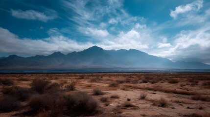 Vast arid desert landscape with sparse vegetation and distant rugged mountains under a dynamic cloudy blue sky