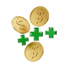 Three gleaming golden coins with dollar signs surrounded by green plus signs symbolizing wealth and growth transparent background