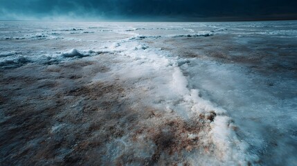 A dry cracked salt flat stretches towards a hazy horizon under a dramatic dark sky showcasing natural patterns and arid textures
