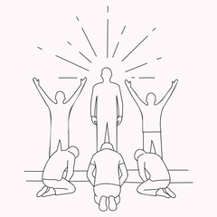 Creative design vector art of a group of people bowing down to a central figure radiating light, symbolizing worship and reverence © Dipu5359