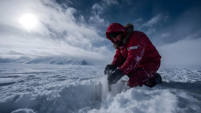 Scientist collects ice core sample in remote polar landscape under cloudy sky
