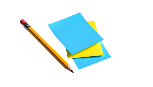 A pencil next to blue and yellow sticky notes against a black background
