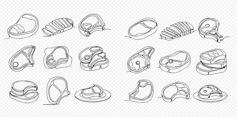 Continuous line art drawings of different cuts of raw meat, including steaks, chops, and roasts, on a transparent background.