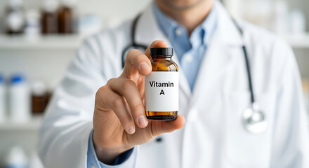Doctor holds out bottle of vitamin a supplement in medical office setting.