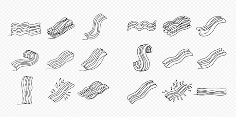 Hand-drawn sketch style illustrations of bacon strips in various shapes and forms, depicting raw and cooked states for food design.
