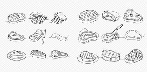 Continuous line art drawings of various meat cuts including grilled steaks, ribs, and bacon, with some showing a knife.