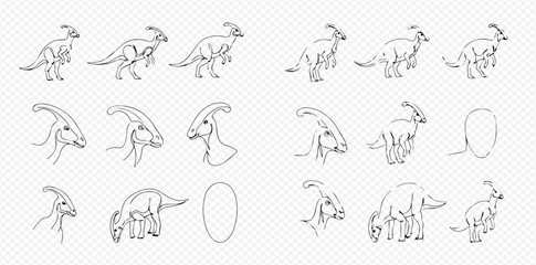 Detailed line art collection of Parasaurolophus dinosaur, featuring multiple poses, head studies, and an egg, presented as a drawing guide.