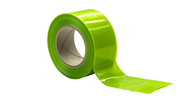 A roll of vibrant neon green tape with a peeling end, set against a black backdrop