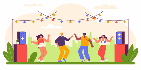 Fototapeta premium People dancing together at a rooftop sunset party