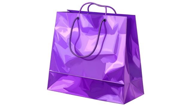 A glossy purple shopping bag with handles, crumpled texture, against a black background