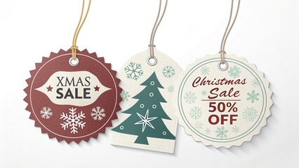 Festive christmas sale tags announcing 50% off holiday shopping deals