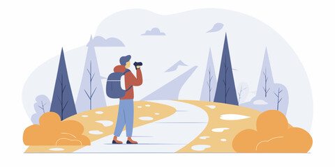 Fototapeta premium “Traveler exploring a mountain trail with backpack and camera.”